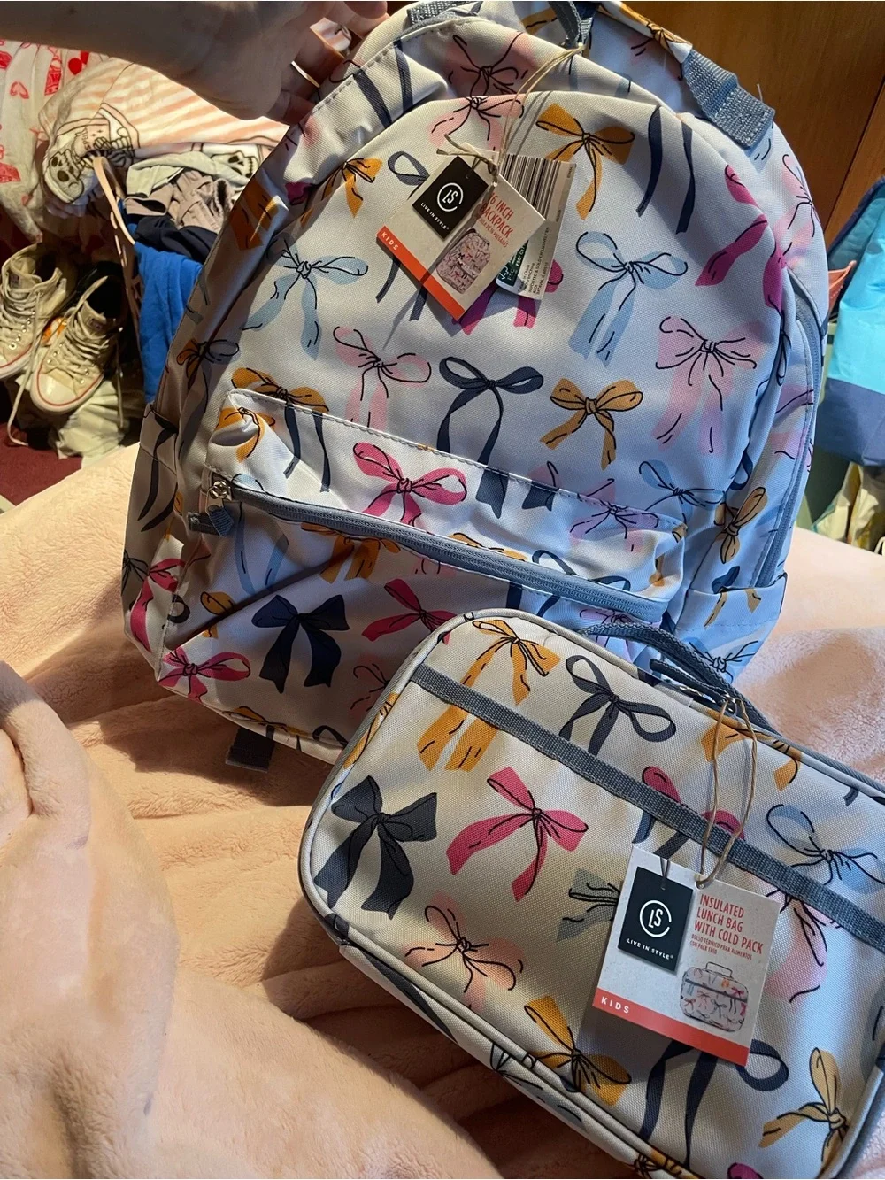 NWT BUNDLE Backpack and Lunchbox in Multicolored Bow Pattern